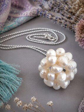 Freshwater Pearl Pendant Necklace Real Pearl Cluster Sterling Silver
